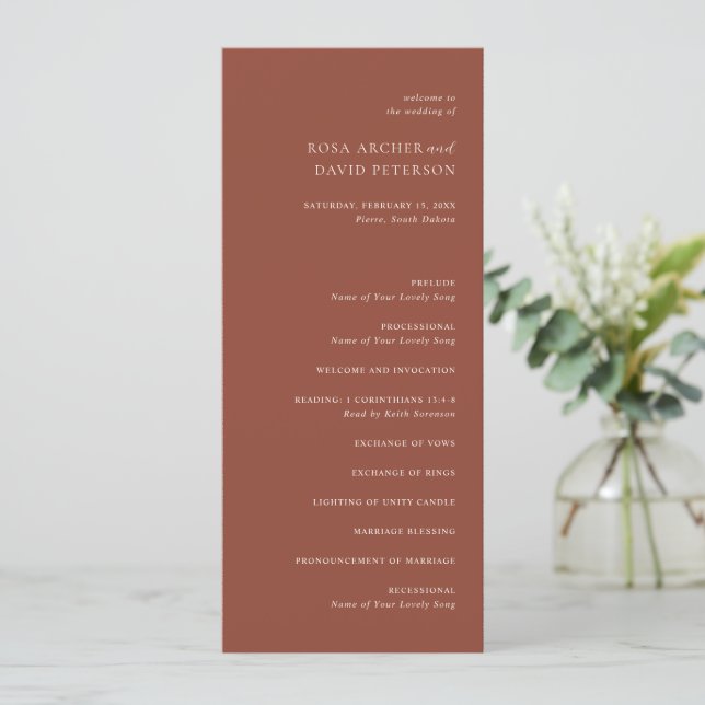 Programme Mariage éditorial en cuivre rustique moderne (Debout devant)