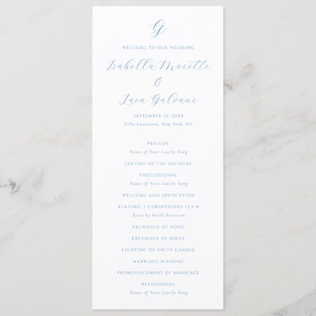 Programme Mariage élégant bleu et blanc de style côtier chic (Devant)