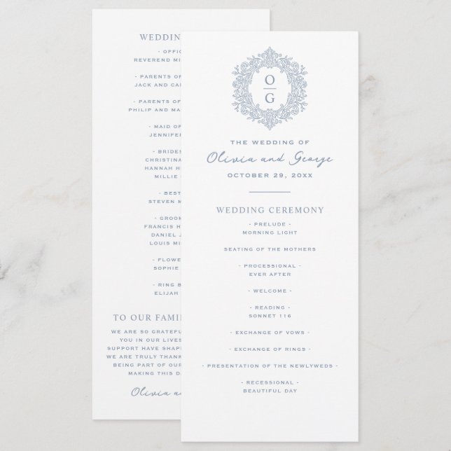 Programme Mariage Élégant Bleu Héritage (Devant / Derrière)