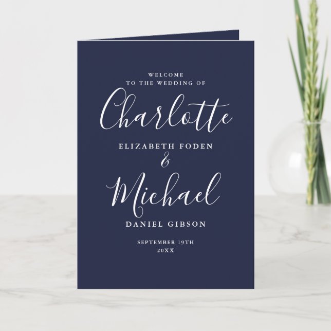 Programme Mariage élégant bleu marine Signature Script  (Devant)