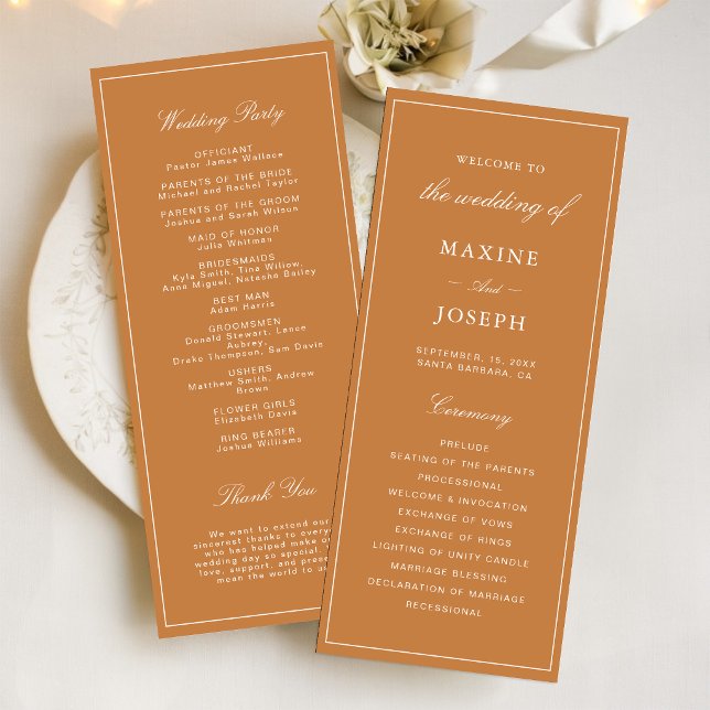Programme Mariage Élégant Formel Orange Brûlée (Elegant burnt orange wedding programs share your day’s details with refined style.)