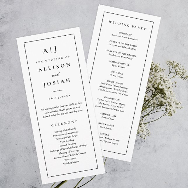Programme Mariage élégant Monogramme noir et blanc (Elegant monogram black and white simple typographic wedding program.)