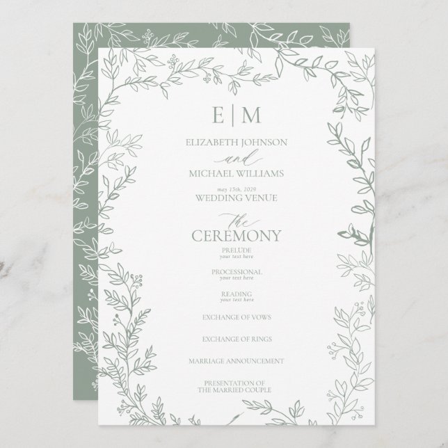 Programme Mariage Élégant Monogramme Sage Feuille (Devant / Derrière)
