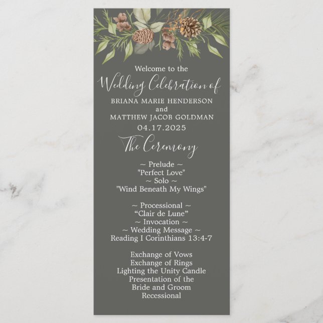 Programme Mariage élégant script gris d'hiver (Devant)