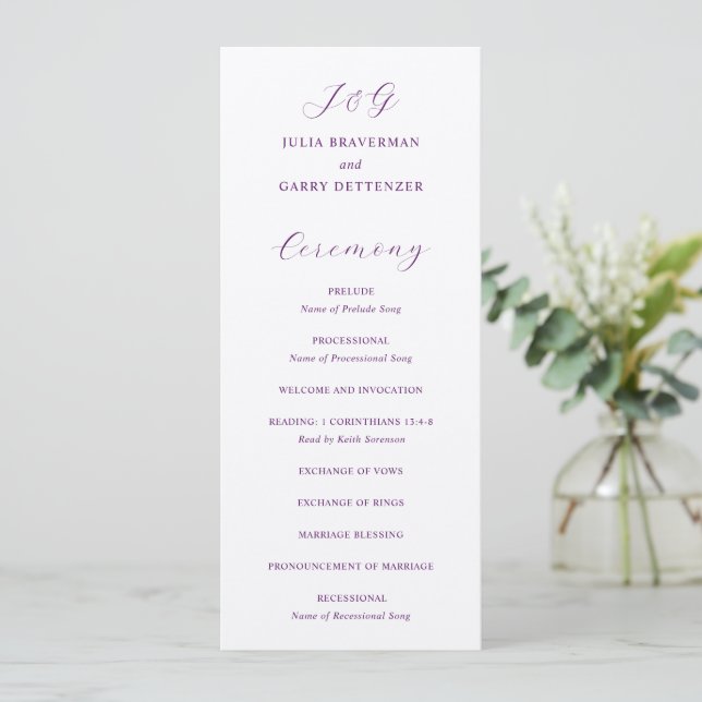 Programme Mariage Élégant Violet Traditionnel (Debout devant)
