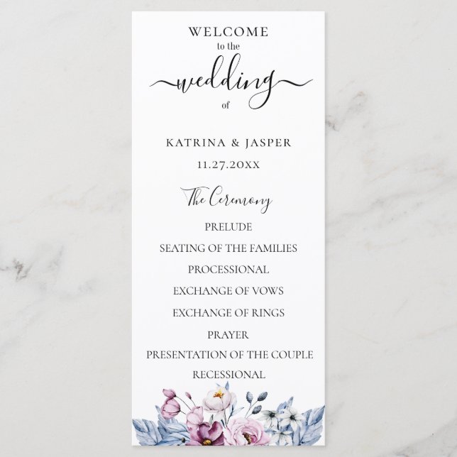 Programme Mariage floral aquarelle bleu poussiéreux et mauve (Devant)