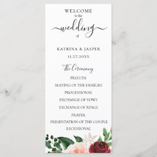 Programme Mariage Floral Aquarelle Rouge Bourgogne