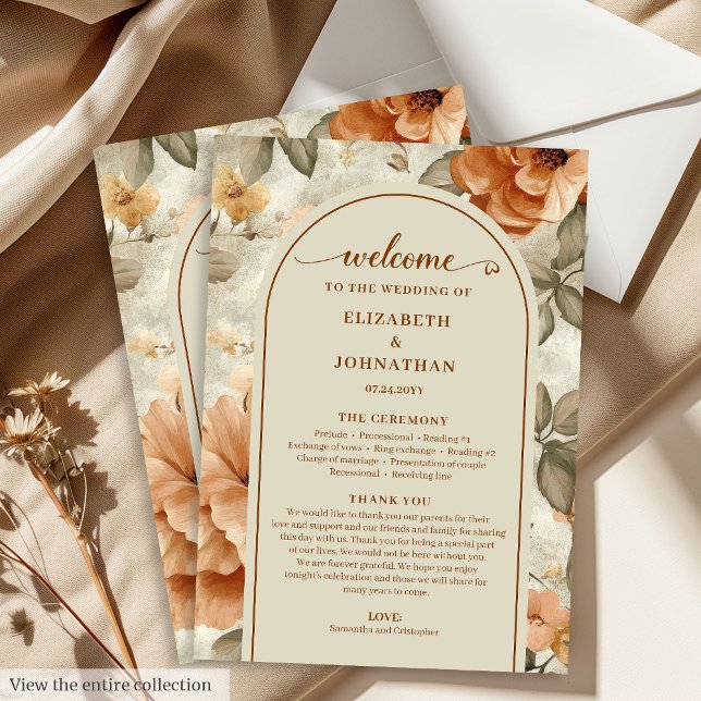 Programme Mariage Floral Bohème Tendance Cuivre Ivoire Olive (Trendy Boho Copper Ivory Olive Floral Wedding Program)