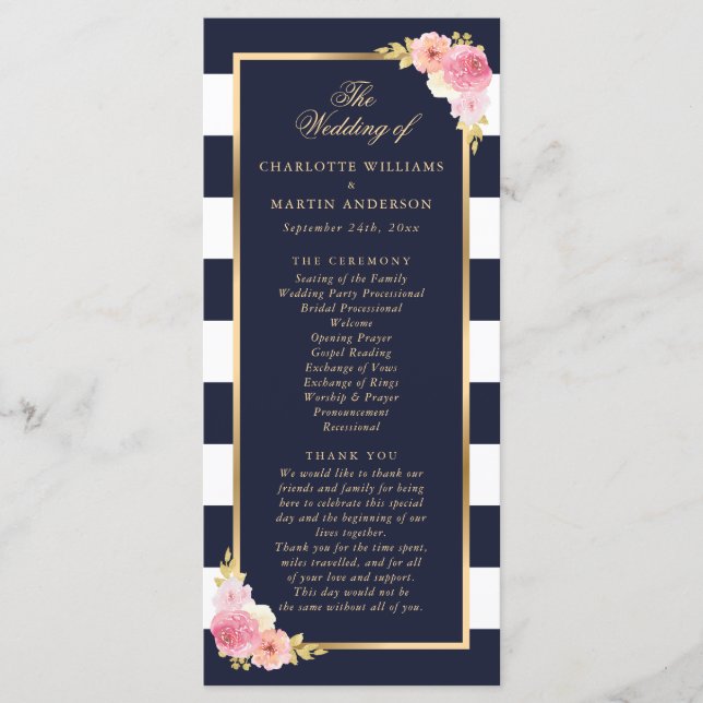 Programme Mariage floral couleur or bleu marine rose (Devant)
