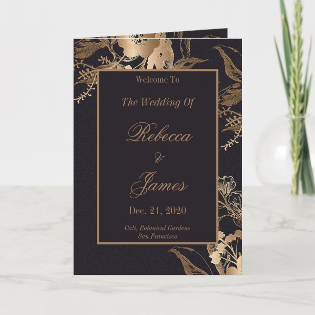 Programme Mariage floral métal or élégant personnalisé (Devant)