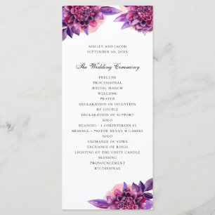 Programme Mariage floral pourpre aquarelle. Fleurs de lilas