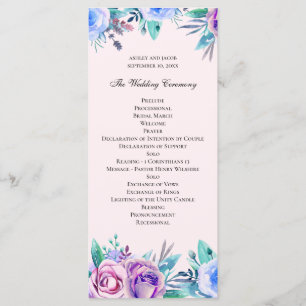 Programme Mariage floral rose et bleu. Fleurs aquarelles