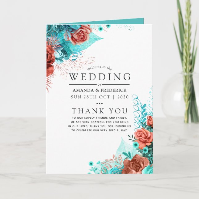 Programme Mariage floral turquoise et corail (Devant)