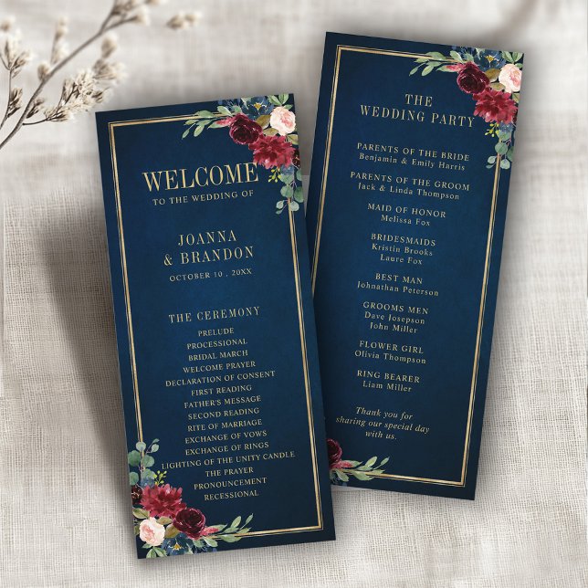 Programme Mariage géométrique bleu bleu marine Bourgogne or (Navy Blue Blush Burgundy Gold Geometric Wedding Program)
