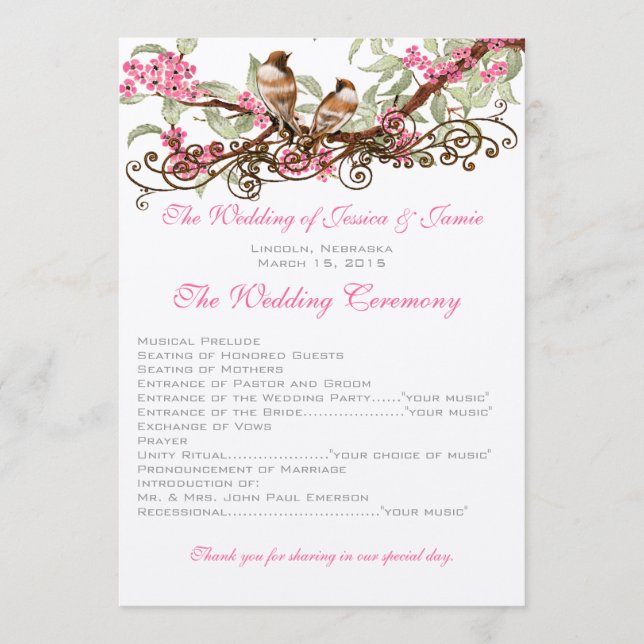 Programme Mariage Inséparables vintages Fleurs roses (Devant)