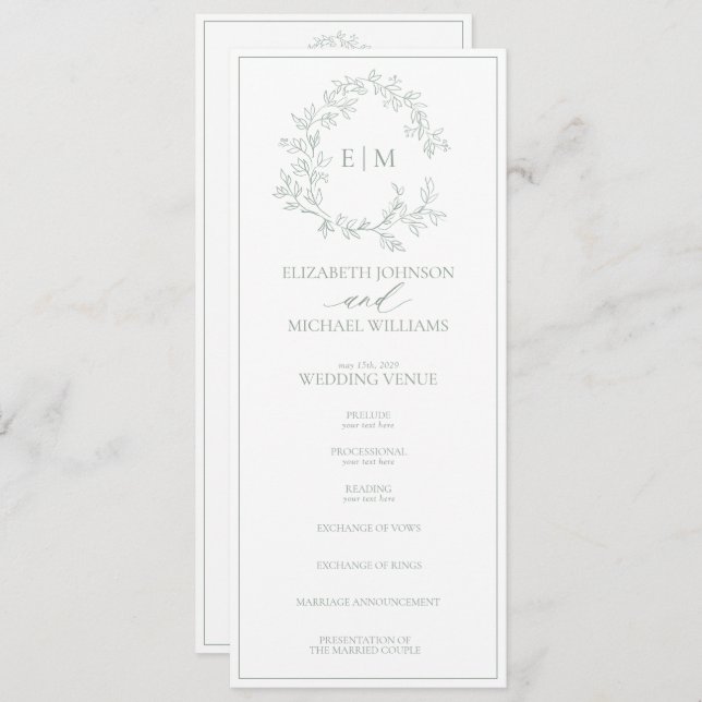 Programme Mariage Monogramme vert Sage moderne (Devant / Derrière)