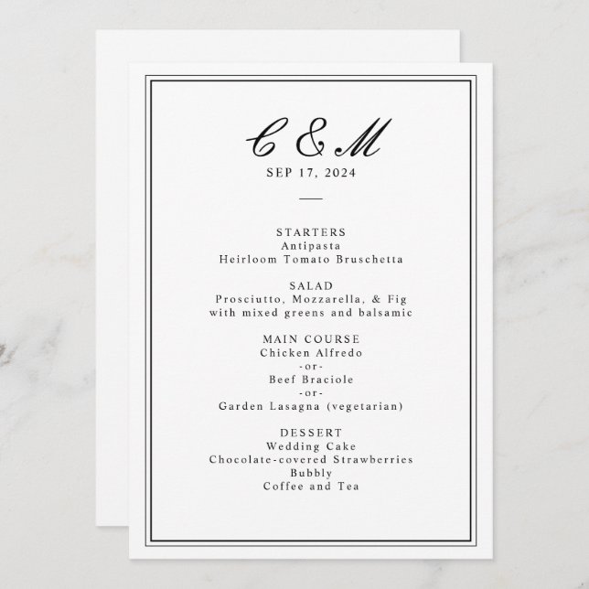 Programme Mariage noir et blanc de script classique absolu (Devant / Derrière)