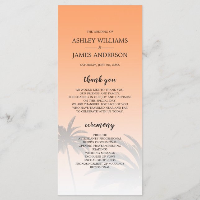 Programme Mariage Orange Tropical Palm Tree Beach (Devant)