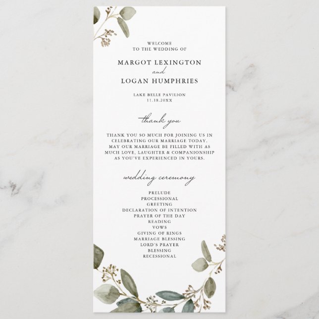 Programme Mariage Rustique à l'Aquarelle avec Eucalyptus Sem (Devant)