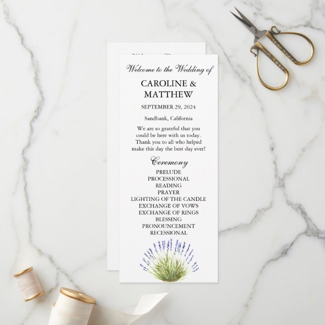 Programme Mariage Rustique Aquarelle Fleur Lavande Violette  (Devant/Arrière en situation)