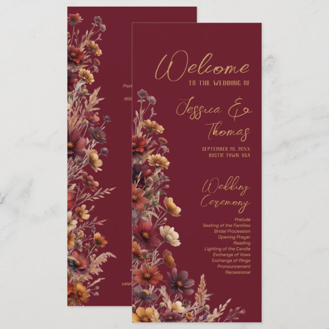Programme Mariage Rustique Bohème Chic Fleurs Sauvages Bourg (Devant / Derrière)