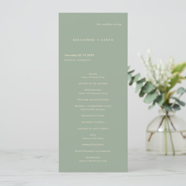 Programme Mariage Simple Vert Sauge Moderne (Debout devant)