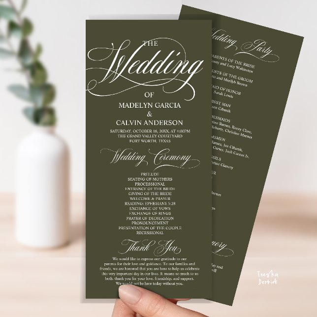 Programme Mariage Tout En Un Olive Verte Moderne Script (Modern Script All In One Wedding Program Card in Olive Green)