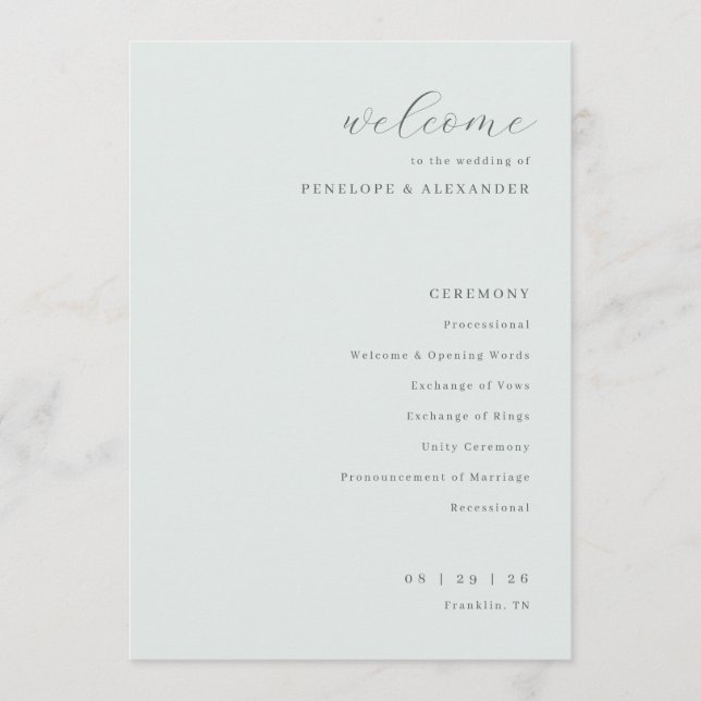 Programme Mariage Typographique à la Menthe Sophistiqué (Devant)