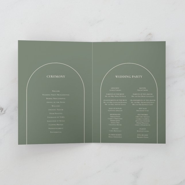 Programme Mariage vert simple Boho Arch Sage plié (Intérieur)