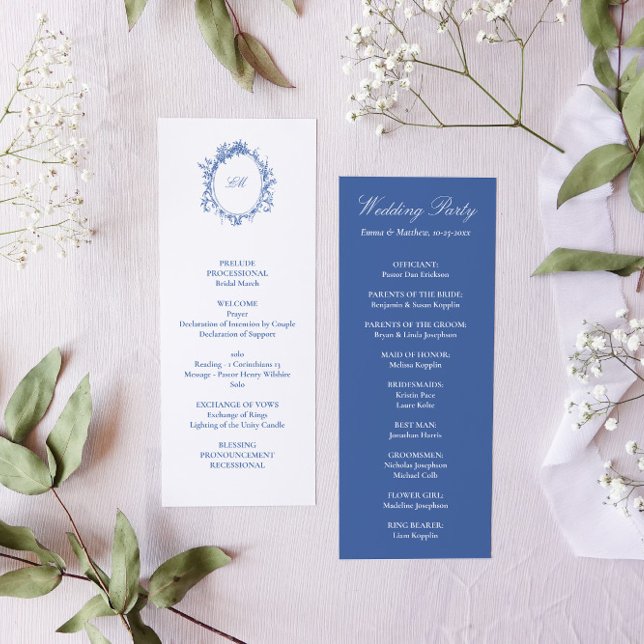 Programme Mariage Victorian French Blue Toile (White and blue sophisticated victorian wedding program - order of service)