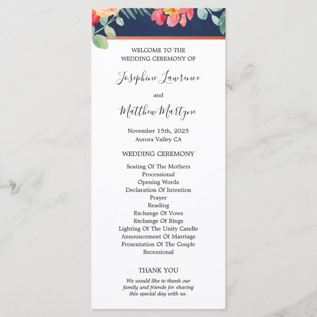Programme Marine Bleu Élégant Coral Mariage floral (Devant)