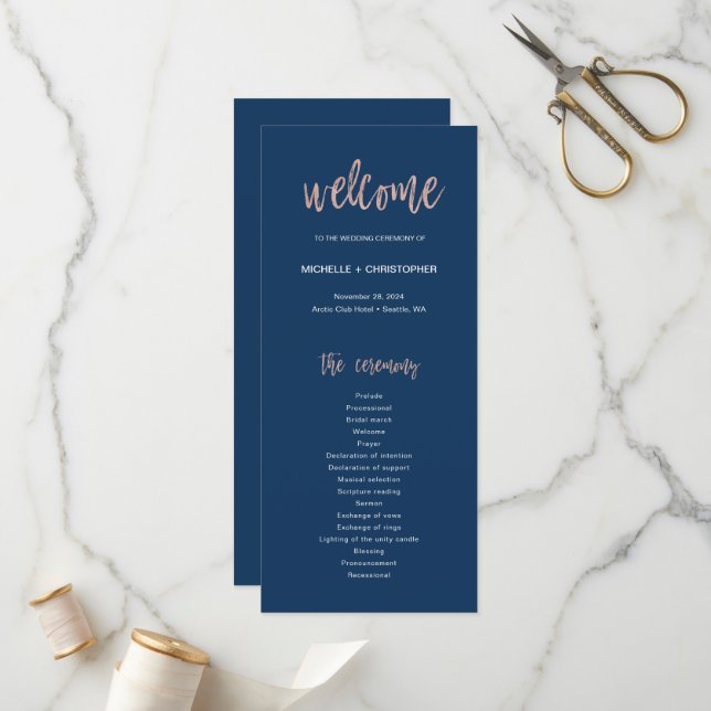 Programme Marine Blue Et Rose Gold Glam Chic Wedding Program (Devant/Arrière en situation)