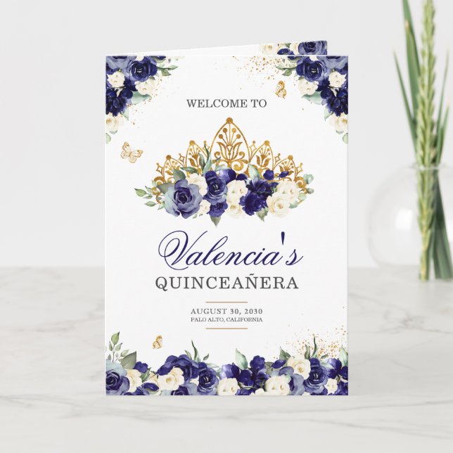 Programme Marine Royal Blue Floral Tiara Butterfly Quinceane (Devant)