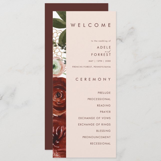 Programme Marsala Autumn Floral | Blush Wedding Program (Devant / Derrière)