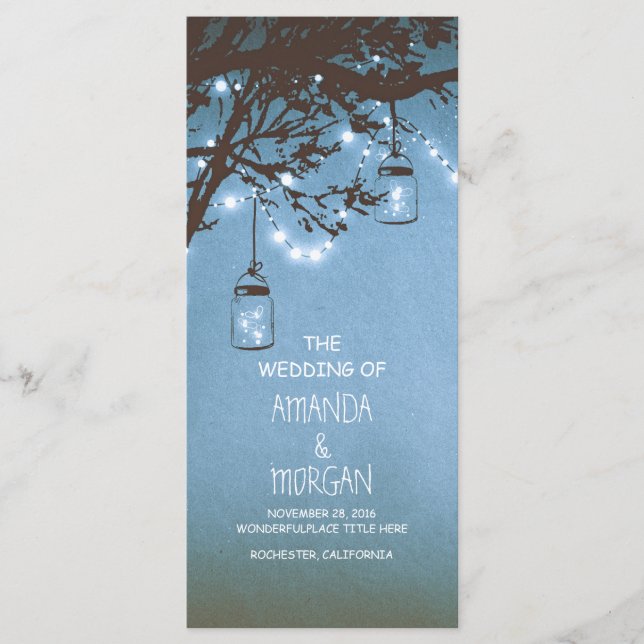 Programme Mason Jar String Lights Tree Blue Wedding Programm (Devant)