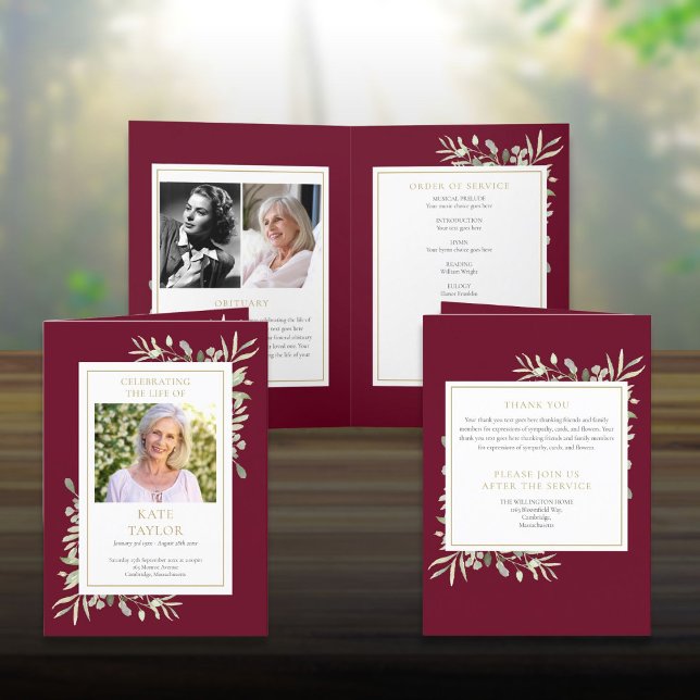 Programme Mémorial funéraire vert Ordre de service plié (Greenery Funeral Memorial Folded Order Of Service Program)