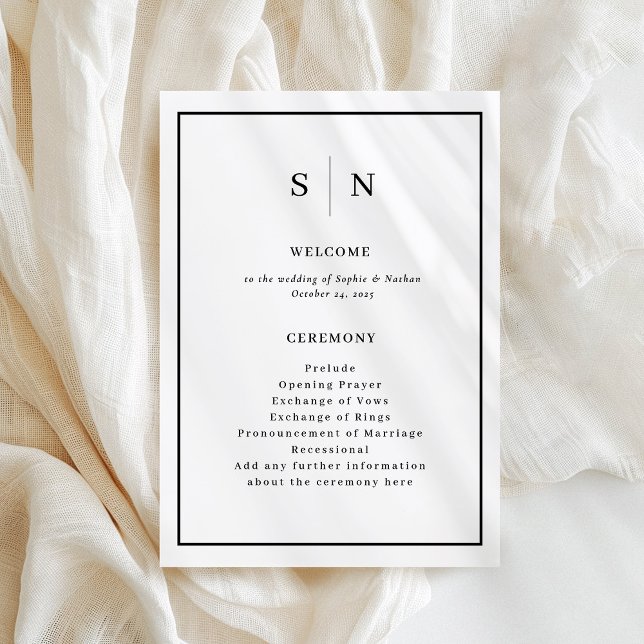 Programme Minimal et chic | Mariage frontalier noir et blanc (A minimal and chic wedding program in black and white, with your monogram)