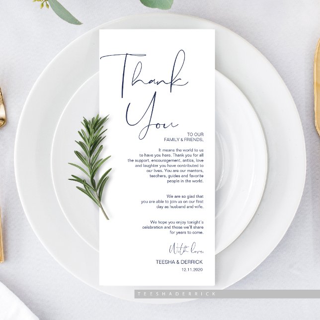 Programme Minimalisme Marine Script Emplacement de réglage M (Minimalism Navy Blue Script Place Setting Thank You Card, for Wedding Elopement Dinner Plate Decor.)