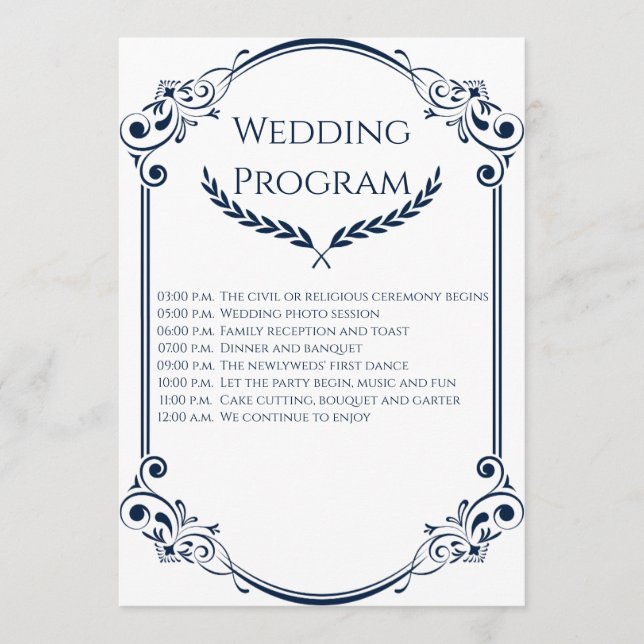 Programme Minimalist Navy Blue and White Wedding Program (Devant)