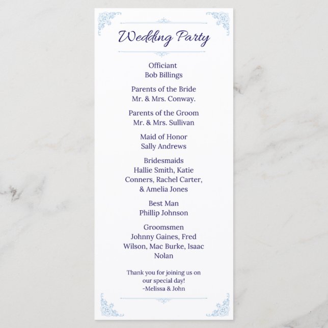 Programme Modern Blue Wedding Program French Country (Dos)