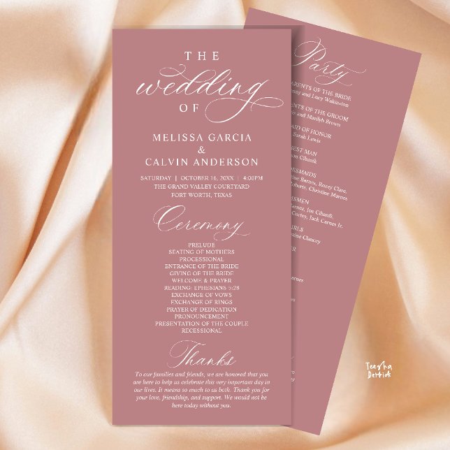 Programme Modern Classy Elegant Wedding Ceremony (Modern Classy Elegant Wedding Ceremony Program card dusty rose pink)