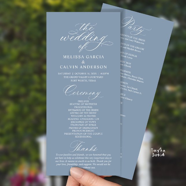 Programme Modern Classy Elegant Wedding Ceremony (Modern Classy Elegant Romantic Wedding Ceremony Program Card in Dusty blue)