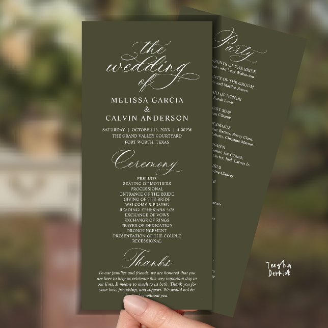 Programme Modern Classy Elegant Wedding Ceremony (Modern Classy Elegant Romantic Wedding Ceremony Program Card in Olive Green)
