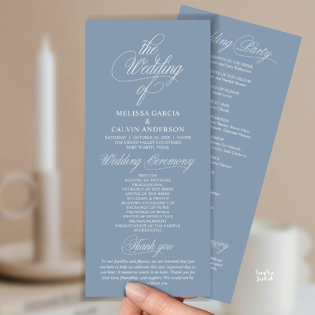Programme Modern Classy Elegant Wedding Ceremony (Modern Classy Elegant Wedding Ceremony Program Card in Dusty Blue)