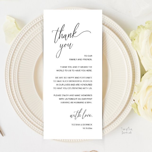 Programme Modern Minimalist Wedding Reception Thank You Card (Modern Minimalist Wedding Reception Thank You Card in Classy Black and White)