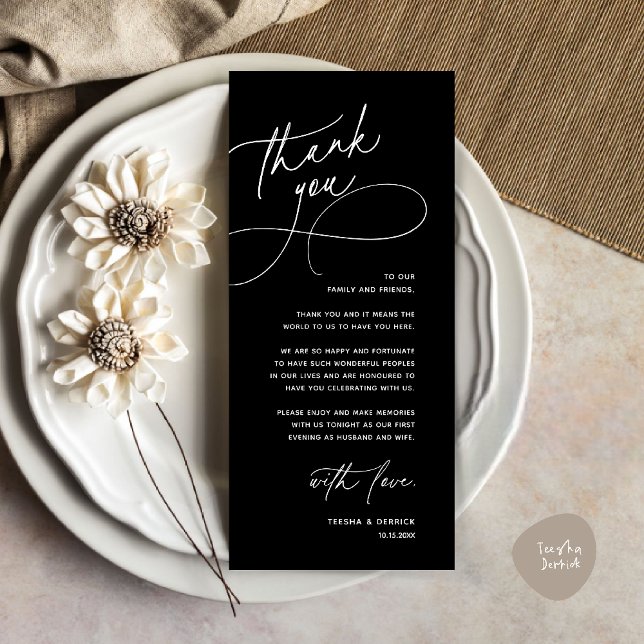 Programme Modern Romantic Wedding Reception Thank You Card (Modern Romantic Wedding Reception Dinner Lunch Brunch Thank You Card in Black and white)