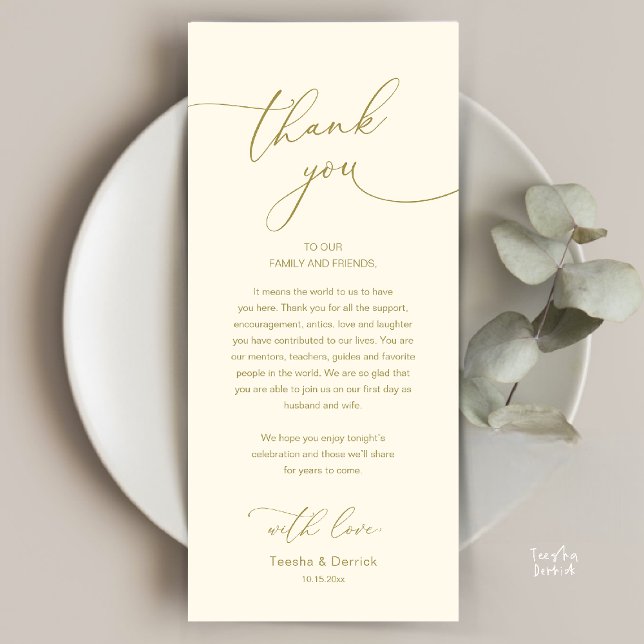 Programme Modern Romantic Wedding Reception Thank You Card (Modern Romantic Wedding Reception Thank You Card, plate decoration, in Yellow Gold)