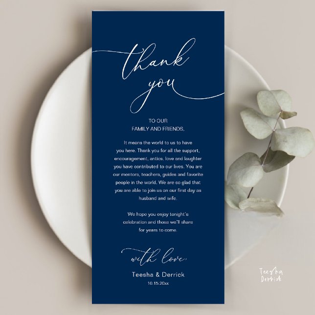 Programme Modern Romantic Wedding Reception Thank You Card (Modern Romantic Wedding Reception Thank You Card, plate decoration, in Classy Navy Blue)