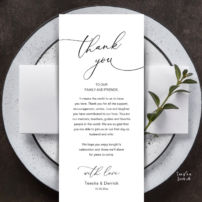Programme Modern Romantic Wedding Reception Thank You Card (Modern Romantic Wedding Reception Thank You Card, plate decoration, in Black and White)