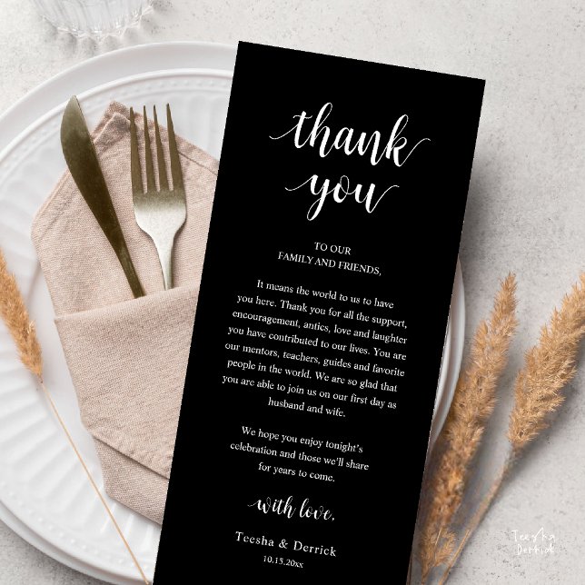 Programme Modern Rustic Wedding Dinner Thank You Card (Modern Rustic Wedding Dinner Thank You Card Reception Lunch Brunch Reception in Black White)